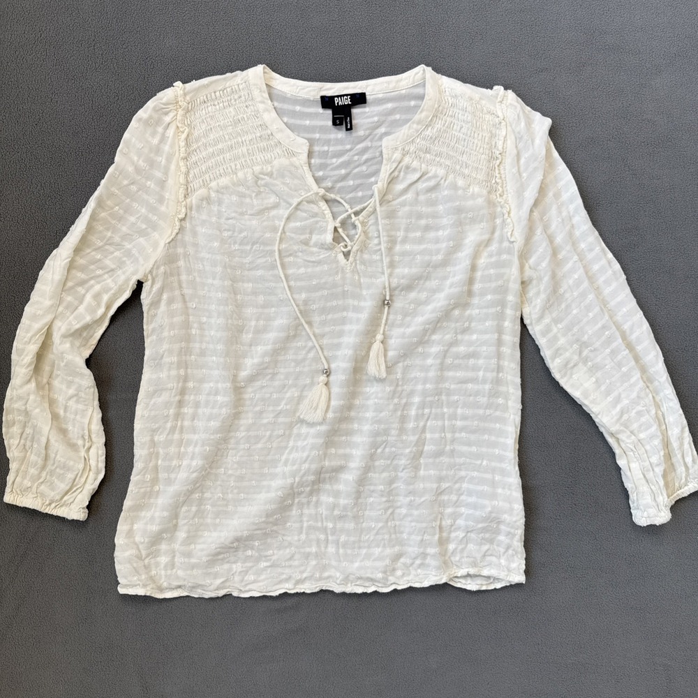 PAIGE Shaylene Blouse Womens Small Ivory Tasseled Sheer Long‎ Sleeve Preppy Top